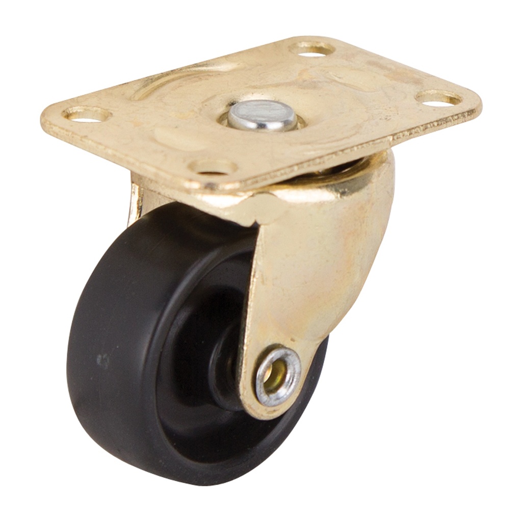 Caster Swivel Plate 1-1/4" Brass/Black Plastic Wheel 40lb 4pk