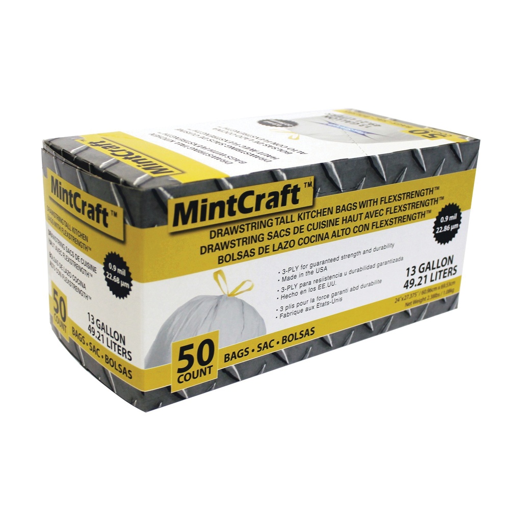Trash Bag 13Gal 0.9mil Tall Drawstring White BX50