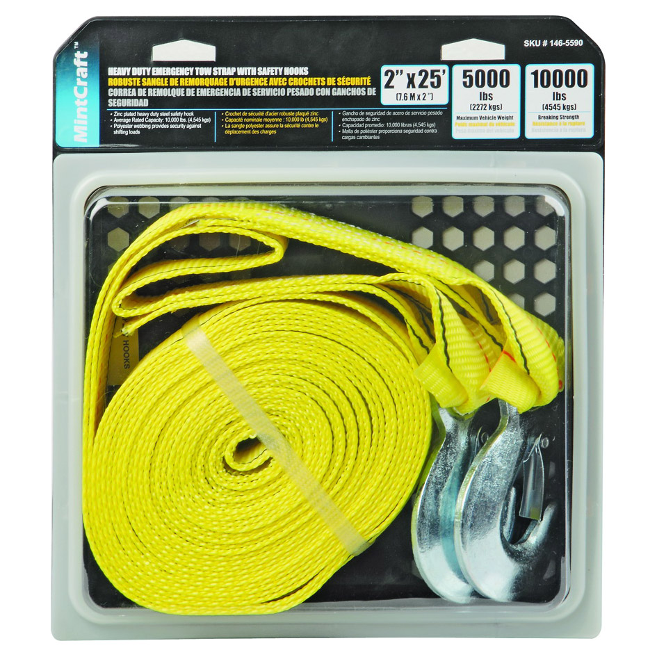 Tow Strap 2"x25' Yellow w/Hooks