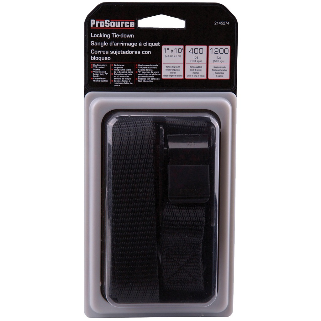 Tie Down Cam Buckle 1"x10FT Black Locking 400LB