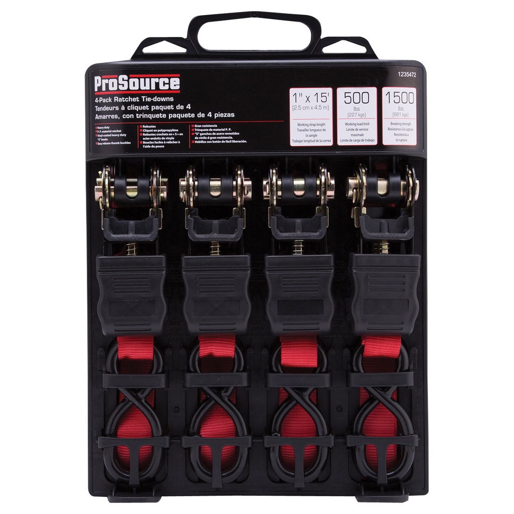 Tie Down Ratchet 1"x15FT Red 500LB 4PK