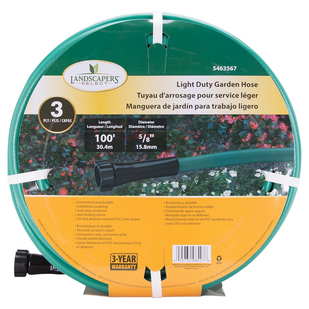 Garden Hose 5/8"x100ft Light Duty 3-Ply Green PVC