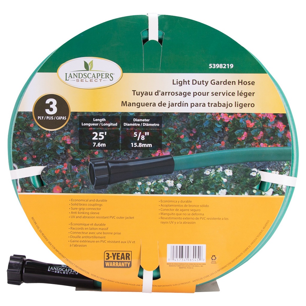 Garden Hose 5/8"x25ft Light Duty 3-Ply Green PVC