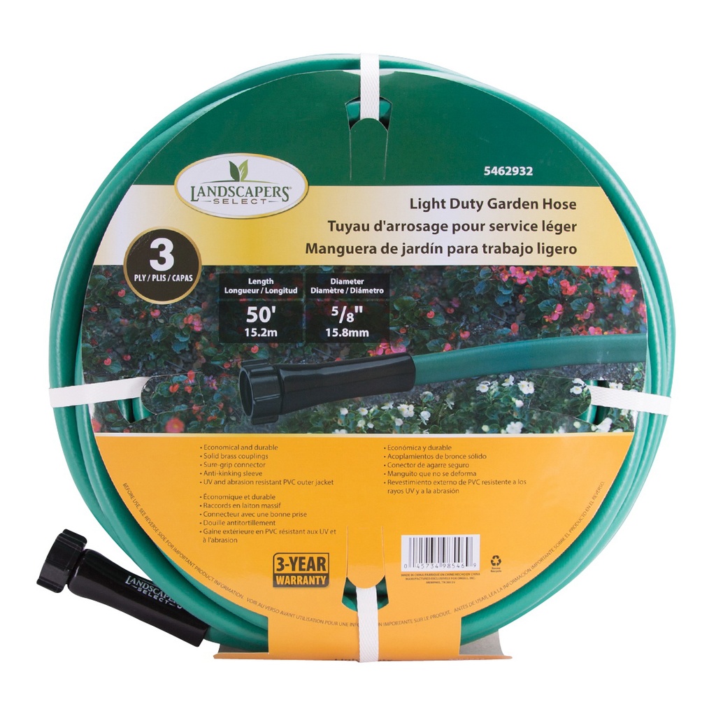 Garden Hose 5/8"x50ft Light Duty 3-Ply Green PVC