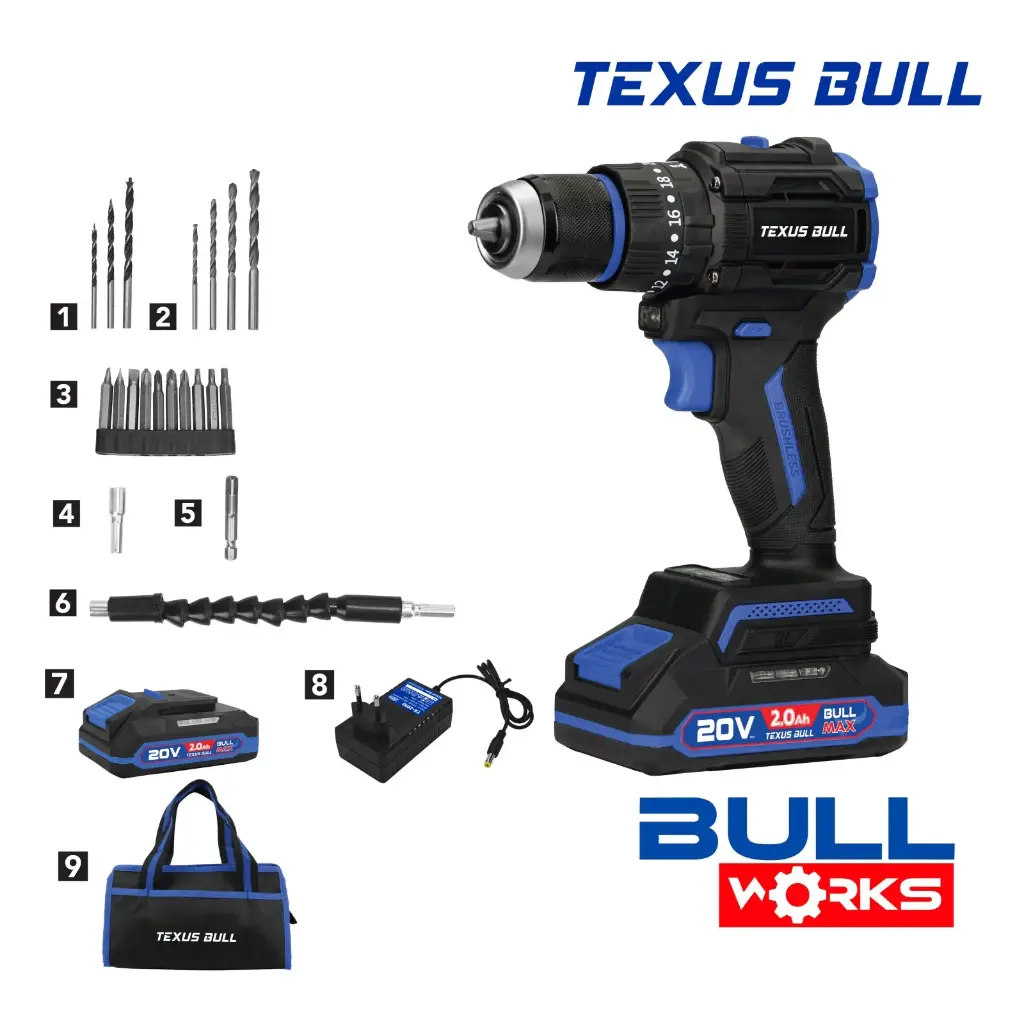 Texus Bull 20V BRUSHLESS CORDLESS ULTRA COMPACT IMPACT DRILL 33 PCS SET 1/2"