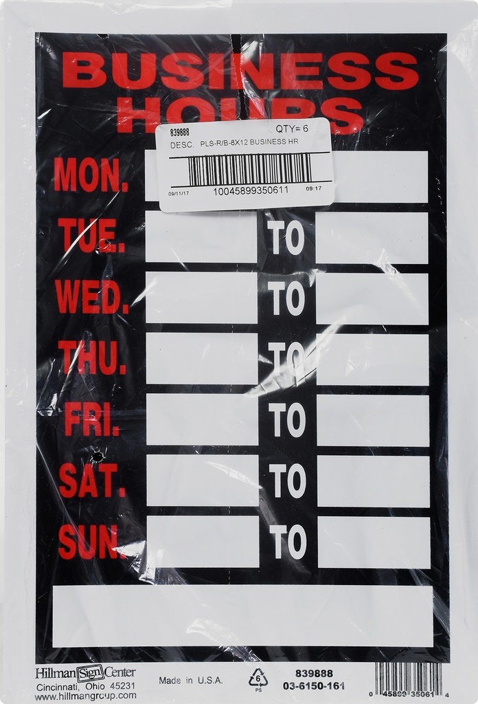 8X12 Business Hours Sign 