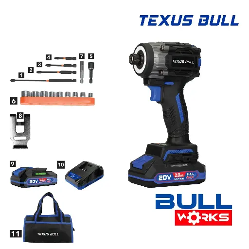 [PMTX-9519] Texus Bull 20V BRUSHLESS CORDLESS COMPACT IMPACT DRIVER 19 PCS SET 1/4” 