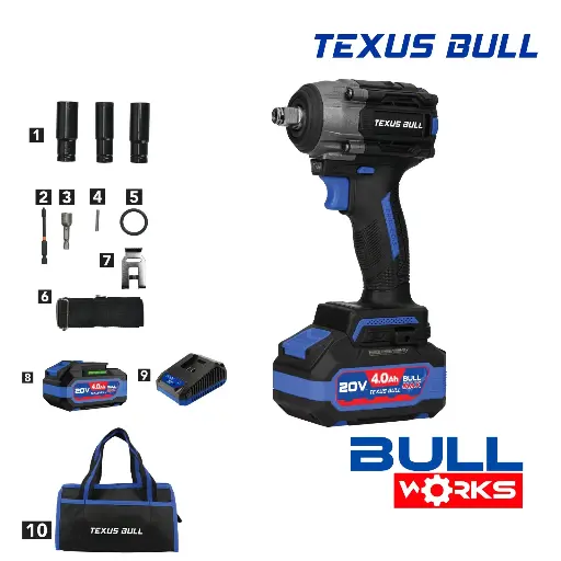 [PMTX-9712] Texus Bull 20V LI-ION BRUSHLESS CORDLESS 550NM COMPACT IMPACT WRENCH 12PCS SET 1/2” 